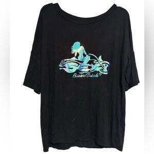 VINTAGE BIKER CHICK Holographic Iridescent Motorcycle Black Tee Oversized M